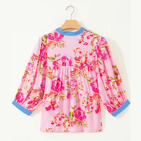 Baylee Floral Half Sleeve Striped Trim V Neck Blouse