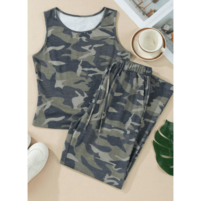 Moesha Green Camouflage Print Slim Tank Drawstring Pant Set
