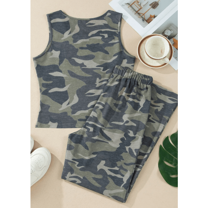 Moesha Green Camouflage Print Slim Tank Drawstring Pant Set