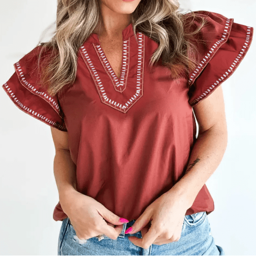 SALE!!!  Rhona Contrast Trim Flutter Sleeve V Neck Blouse