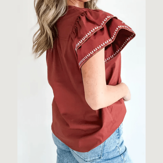 SALE!!!  Rhona Contrast Trim Flutter Sleeve V Neck Blouse