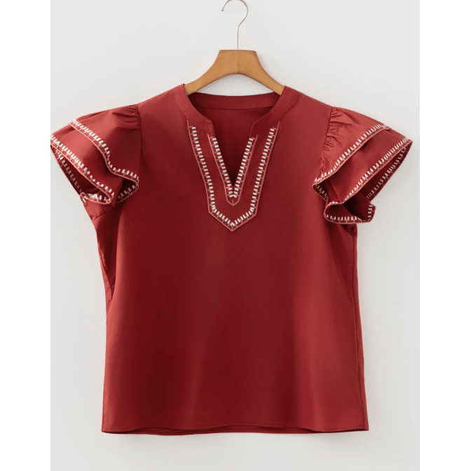 SALE!!!  Rhona Contrast Trim Flutter Sleeve V Neck Blouse