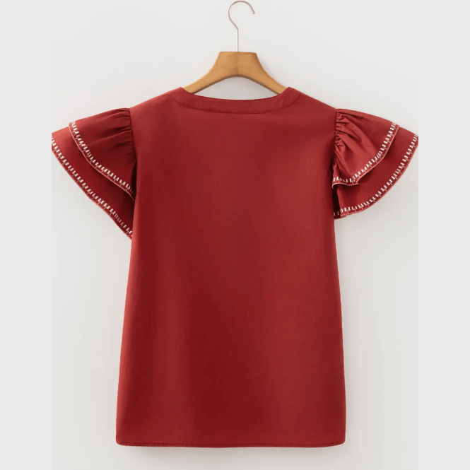 SALE!!!  Rhona Contrast Trim Flutter Sleeve V Neck Blouse