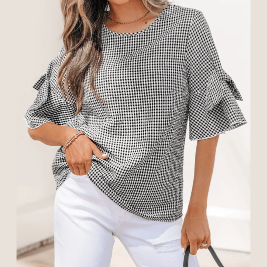 Cherry Black Plaid Bow Ruffled Half Sleeve Round Neck Blouse