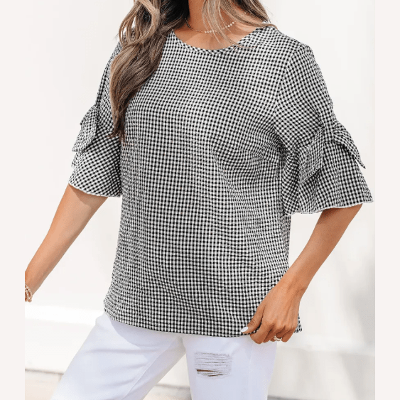 Cherry Black Plaid Bow Ruffled Half Sleeve Round Neck Blouse