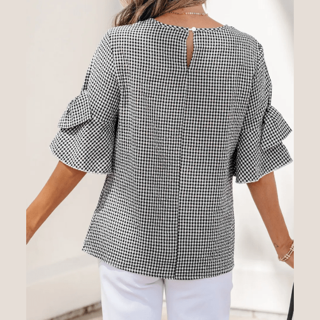 Cherry Black Plaid Bow Ruffled Half Sleeve Round Neck Blouse