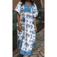 RTS Sky Blue Boho Abstract Print Contrast Trim V Neck Tassel Tie Dress