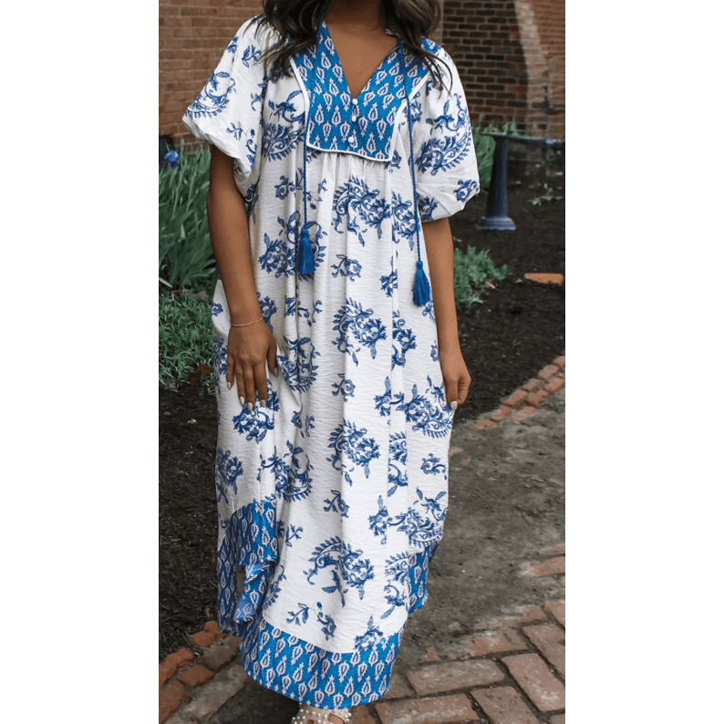 RTS Sky Blue Boho Abstract Print Contrast Trim V Neck Tassel Tie Dress