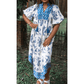 RTS Sky Blue Boho Abstract Print Contrast Trim V Neck Tassel Tie Dress