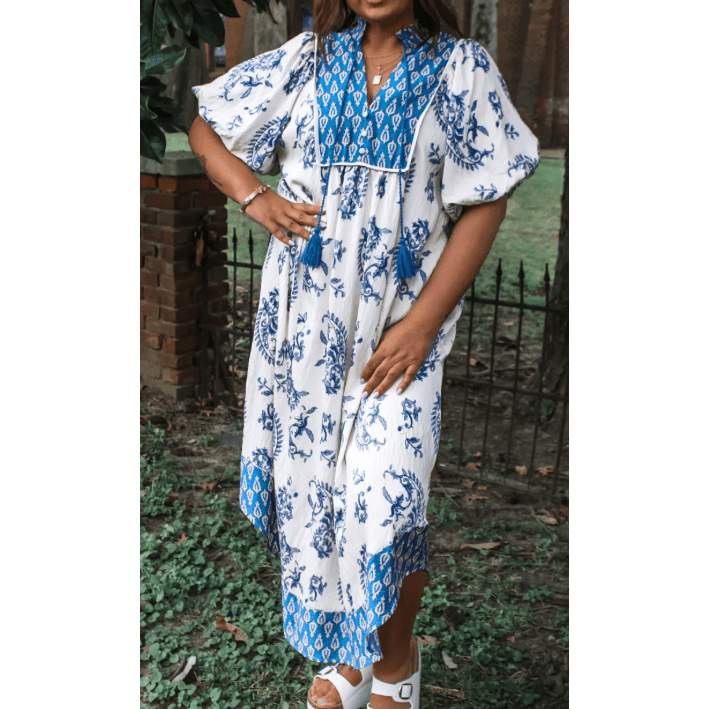 RTS Sky Blue Boho Abstract Print Contrast Trim V Neck Tassel Tie Dress