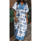 RTS Sky Blue Boho Abstract Print Contrast Trim V Neck Tassel Tie Dress
