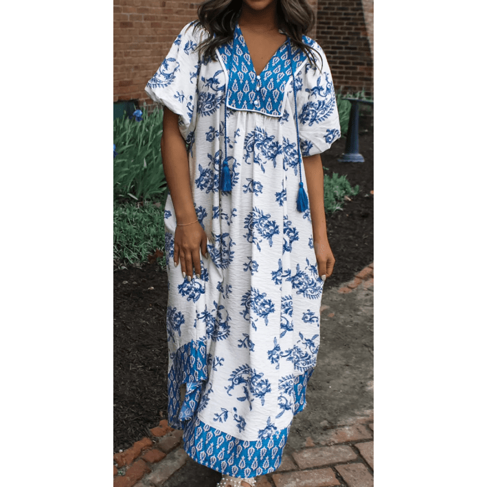 RTS Sky Blue Boho Abstract Print Contrast Trim V Neck Tassel Tie Dress