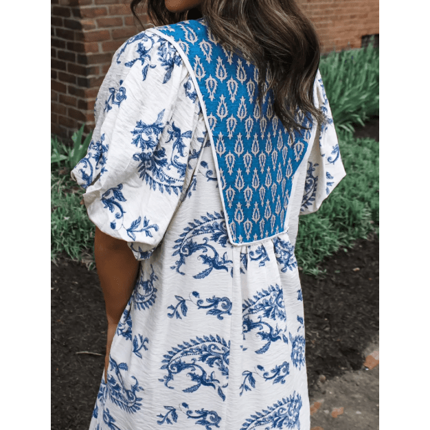 RTS Sky Blue Boho Abstract Print Contrast Trim V Neck Tassel Tie Dress