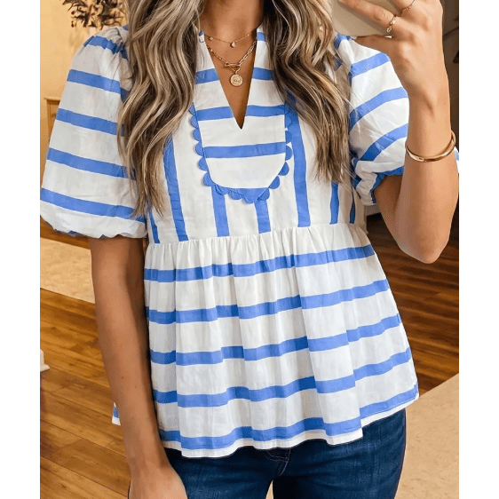 RTS Sky Blue Stripe Split V Neck Puff Sleeve Summer Blouse
