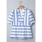 RTS Sky Blue Stripe Split V Neck Puff Sleeve Summer Blouse