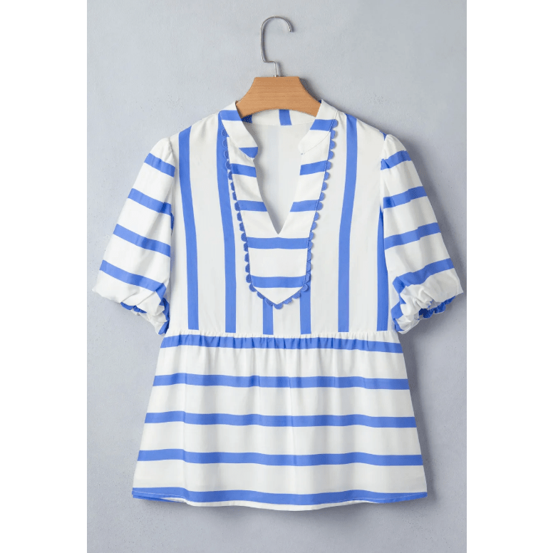 RTS Sky Blue Stripe Split V Neck Puff Sleeve Summer Blouse