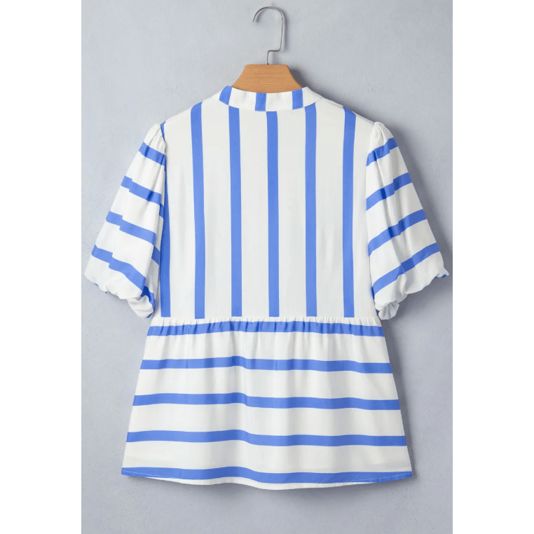 RTS Sky Blue Stripe Split V Neck Puff Sleeve Summer Blouse