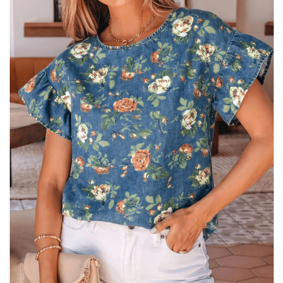 RTS Blue Ruffled Short Sleeve Floral Denim Top