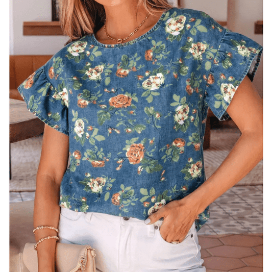 Victoria Blue Ruffled Short Sleeve Floral Denim Top