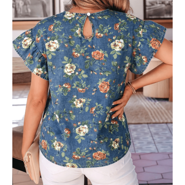 RTS Blue Ruffled Short Sleeve Floral Denim Top