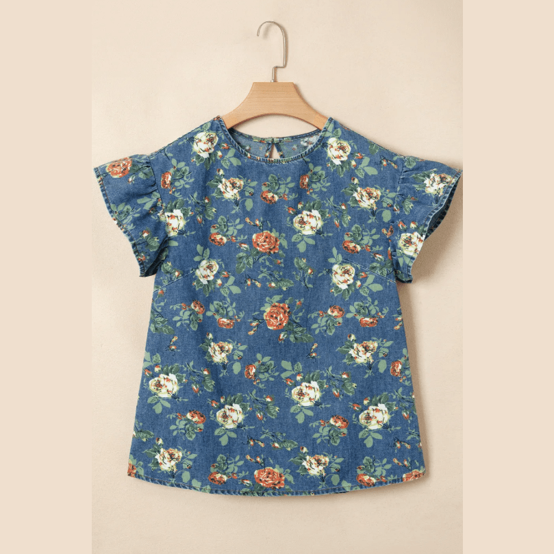 RTS Blue Ruffled Short Sleeve Floral Denim Top