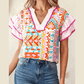 RTS Boho Mixed Print Contrast Trim Striped Patchwork Tiered Short Sleeve Blouse