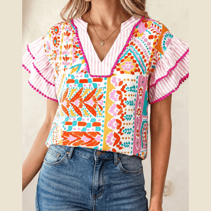 RTS Boho Mixed Print Contrast Trim Striped Patchwork Tiered Short Sleeve Blouse