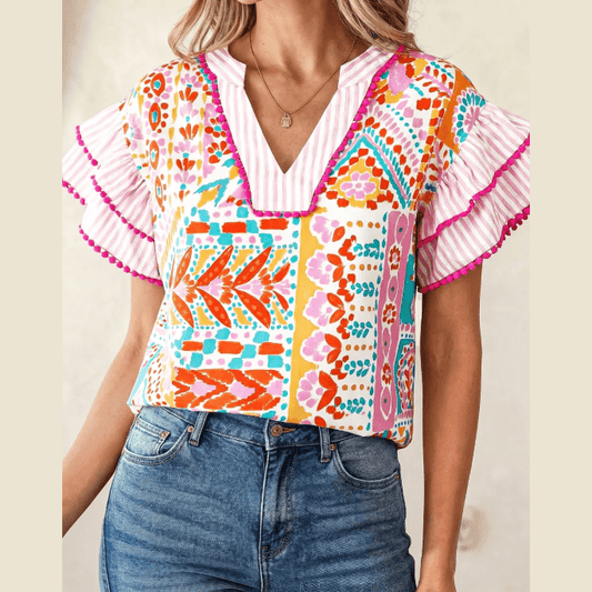 Aubrey Boho Mixed Print Contrast Trim Striped Patchwork Tiered Short Sleeve Blouse