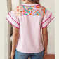 RTS Boho Mixed Print Contrast Trim Striped Patchwork Tiered Short Sleeve Blouse