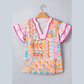 RTS Boho Mixed Print Contrast Trim Striped Patchwork Tiered Short Sleeve Blouse