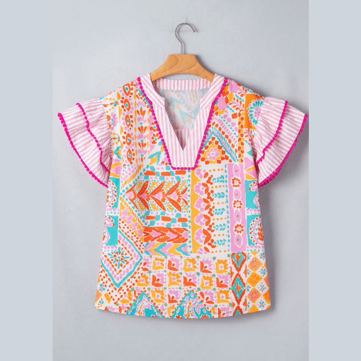 RTS Boho Mixed Print Contrast Trim Striped Patchwork Tiered Short Sleeve Blouse