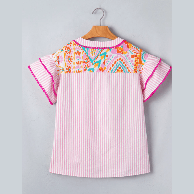 RTS Boho Mixed Print Contrast Trim Striped Patchwork Tiered Short Sleeve Blouse
