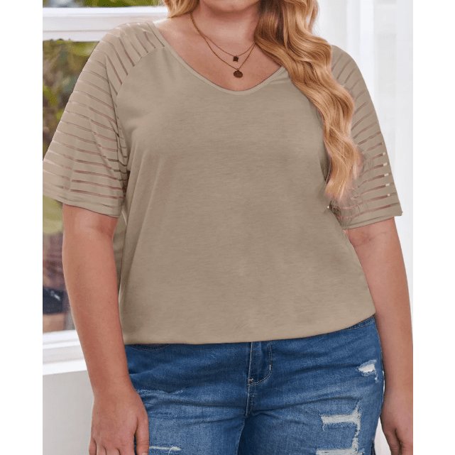 Magdalena Khaki Striped Raglan Sleeve Plus Size Tee