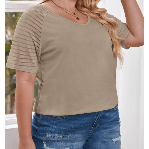 Magdalena Khaki Striped Raglan Sleeve Plus Size Tee