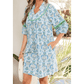 SALE!!!  Shonta Sky Blue Boho Paisley Print Contrasted Patchwork Detail Bracelet Sleeve Loose Mini Dress