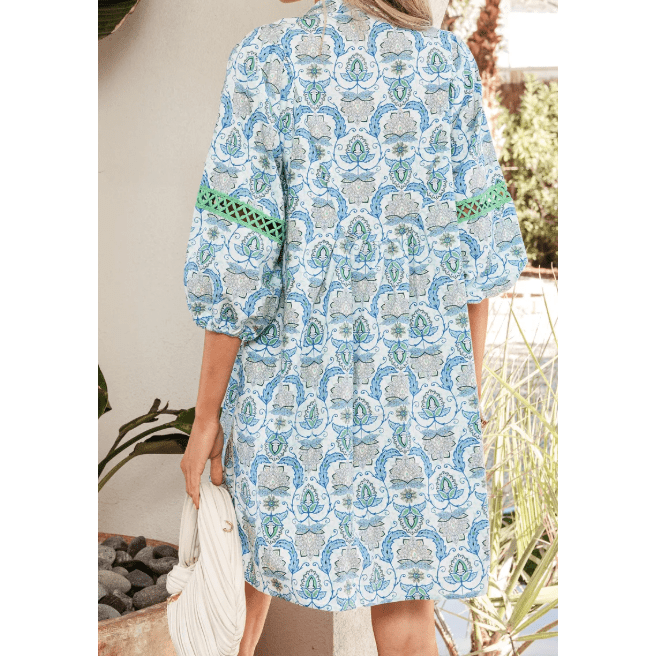 SALE!!!  Shonta Sky Blue Boho Paisley Print Contrasted Patchwork Detail Bracelet Sleeve Loose Mini Dress