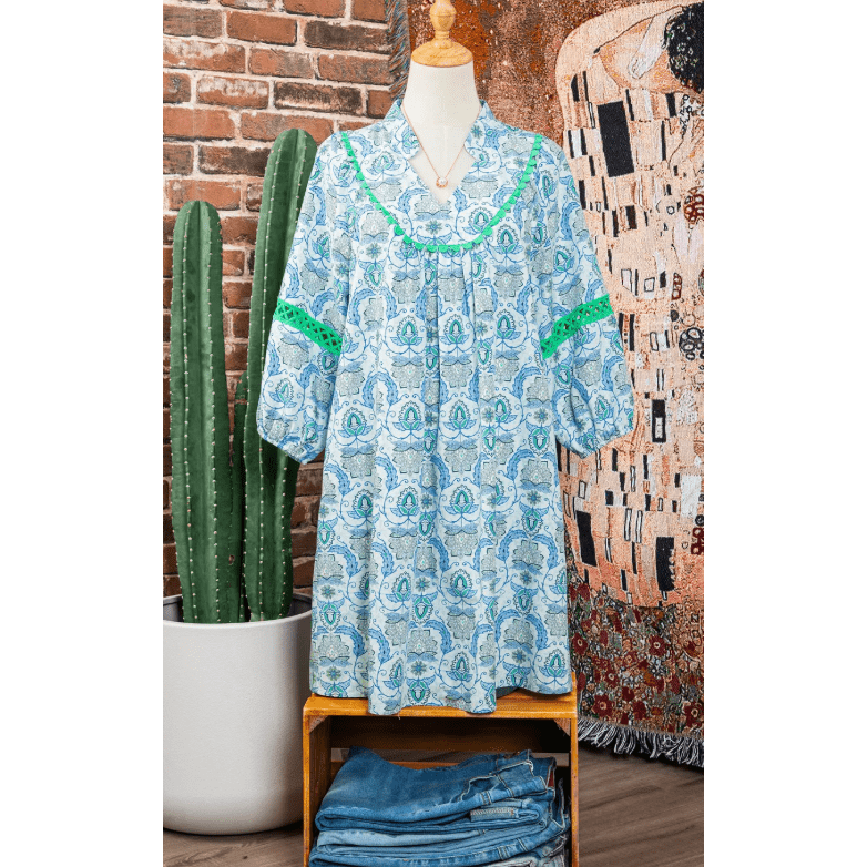 SALE!!!  Shonta Sky Blue Boho Paisley Print Contrasted Patchwork Detail Bracelet Sleeve Loose Mini Dress