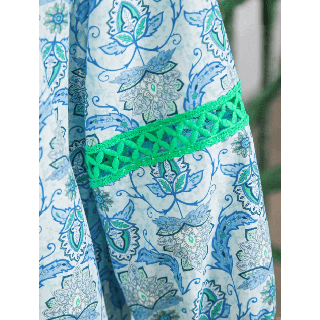 SALE!!!  Shonta Sky Blue Boho Paisley Print Contrasted Patchwork Detail Bracelet Sleeve Loose Mini Dress
