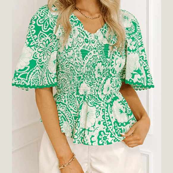 Macie Green Flirty Floral Smocked V Neck Blouse