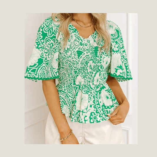 Macie Green Flirty Floral Smocked V Neck Blouse
