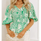 Macie Green Flirty Floral Smocked V Neck Blouse