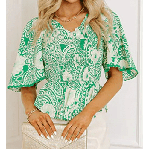 Macie Green Flirty Floral Smocked V Neck Blouse