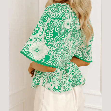 Macie Green Flirty Floral Smocked V Neck Blouse