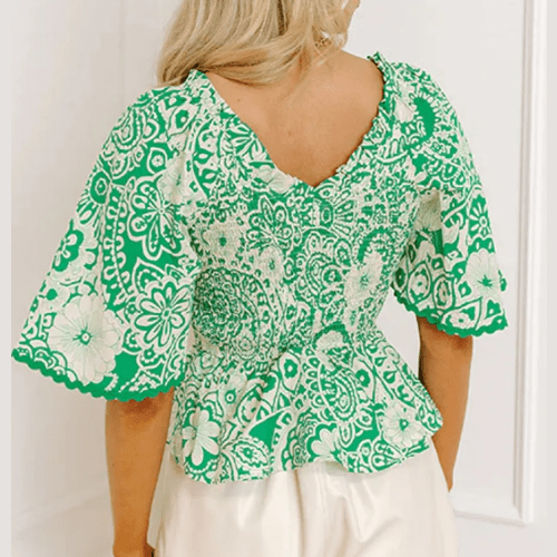 Macie Green Flirty Floral Smocked V Neck Blouse