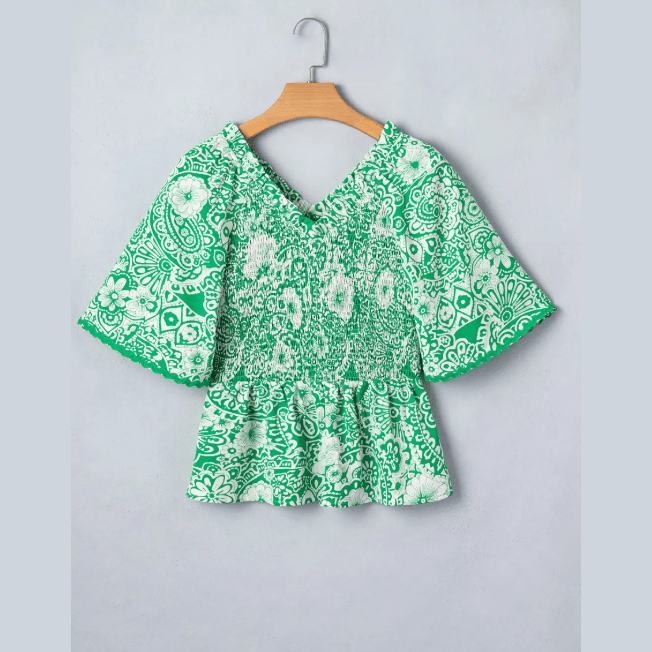 Macie Green Flirty Floral Smocked V Neck Blouse