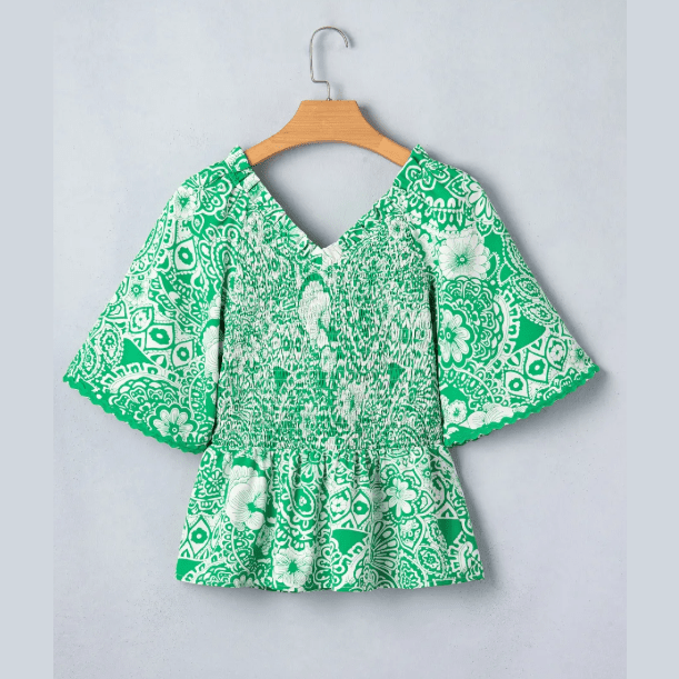 Macie Green Flirty Floral Smocked V Neck Blouse