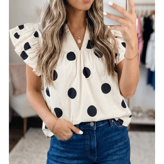 Charidy Polka Dot V-Neck Ruffle Short Sleeve Shift Blouse