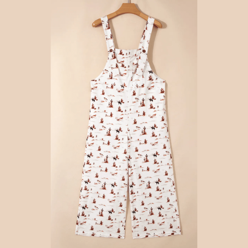 Janny Western Printed Button Adjustable Straps Loose Overalls