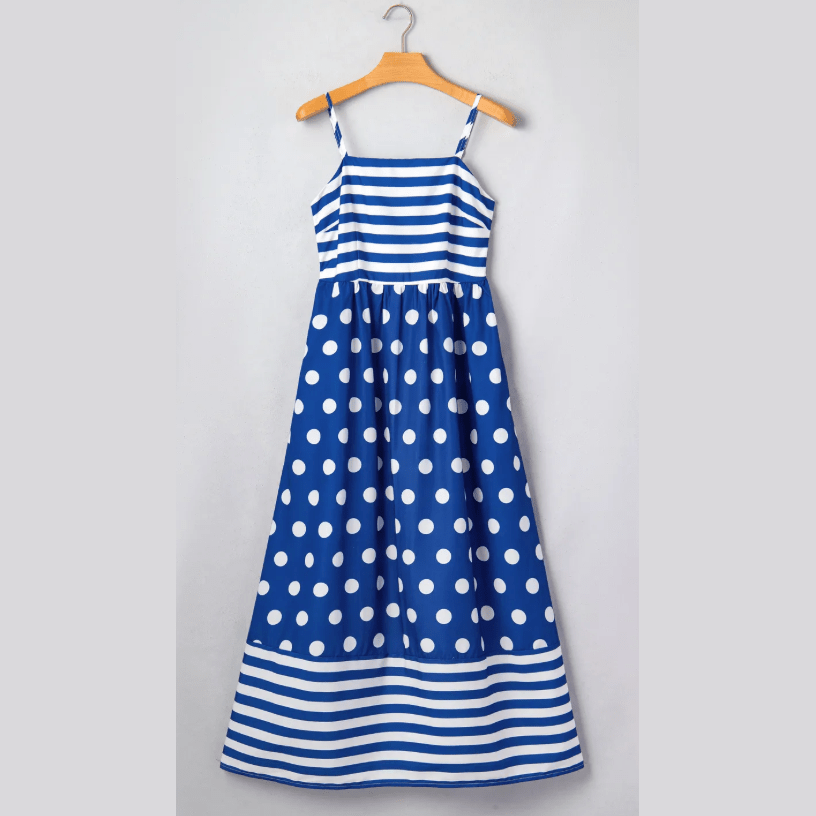 Alexis Blue Striped Polka Dot Patchwork High Waist Spaghetti Straps Maxi Dress