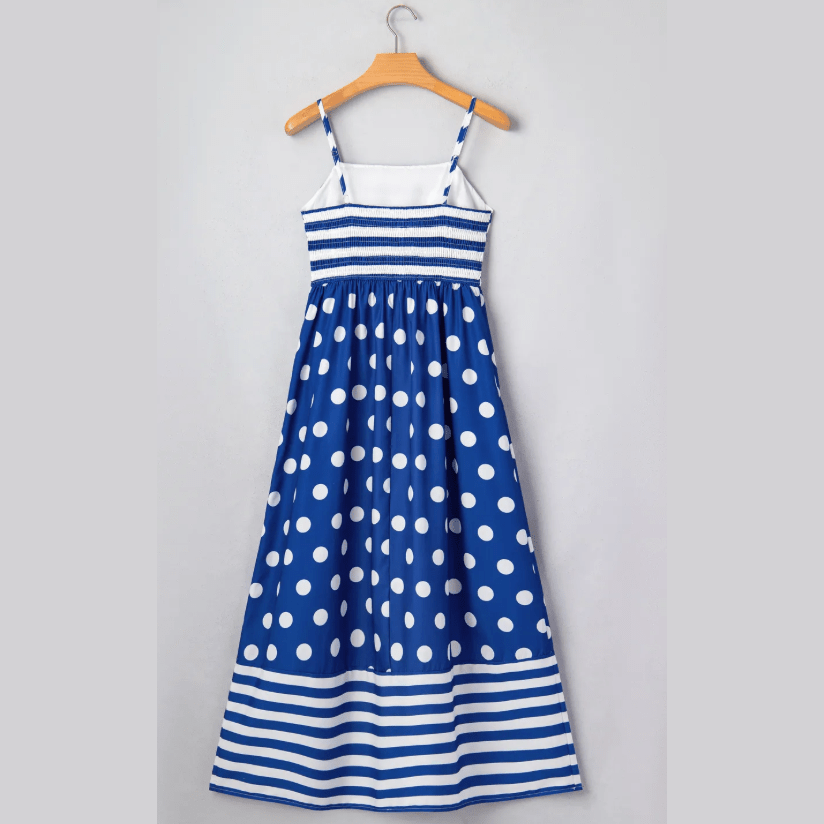 Alexis Blue Striped Polka Dot Patchwork High Waist Spaghetti Straps Maxi Dress
